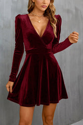 Solid Velvet V-neck Long-sleeved Waist Mini Dress - View 5