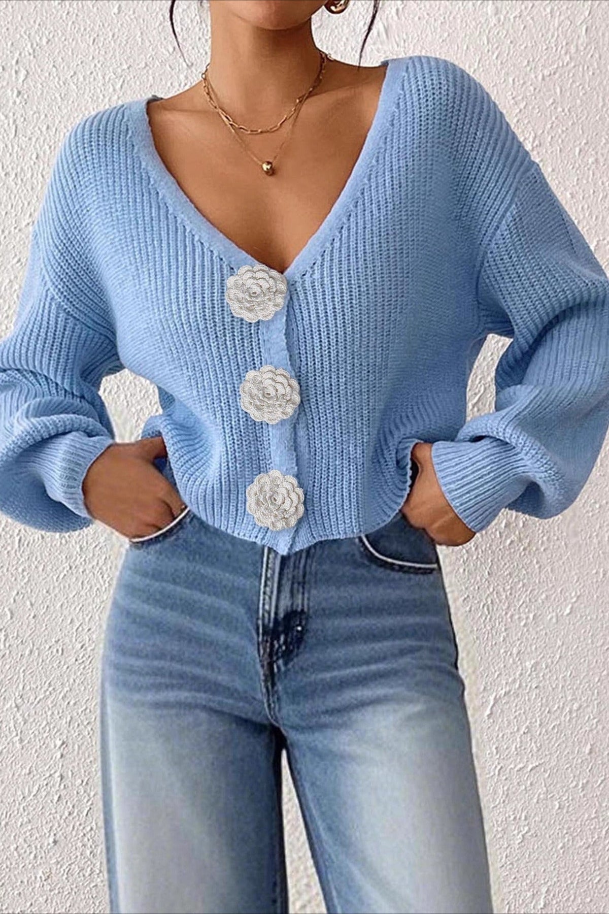 V-Neck Crochet Flower Button Front Ribbed Knit Cropped Cardigan 32