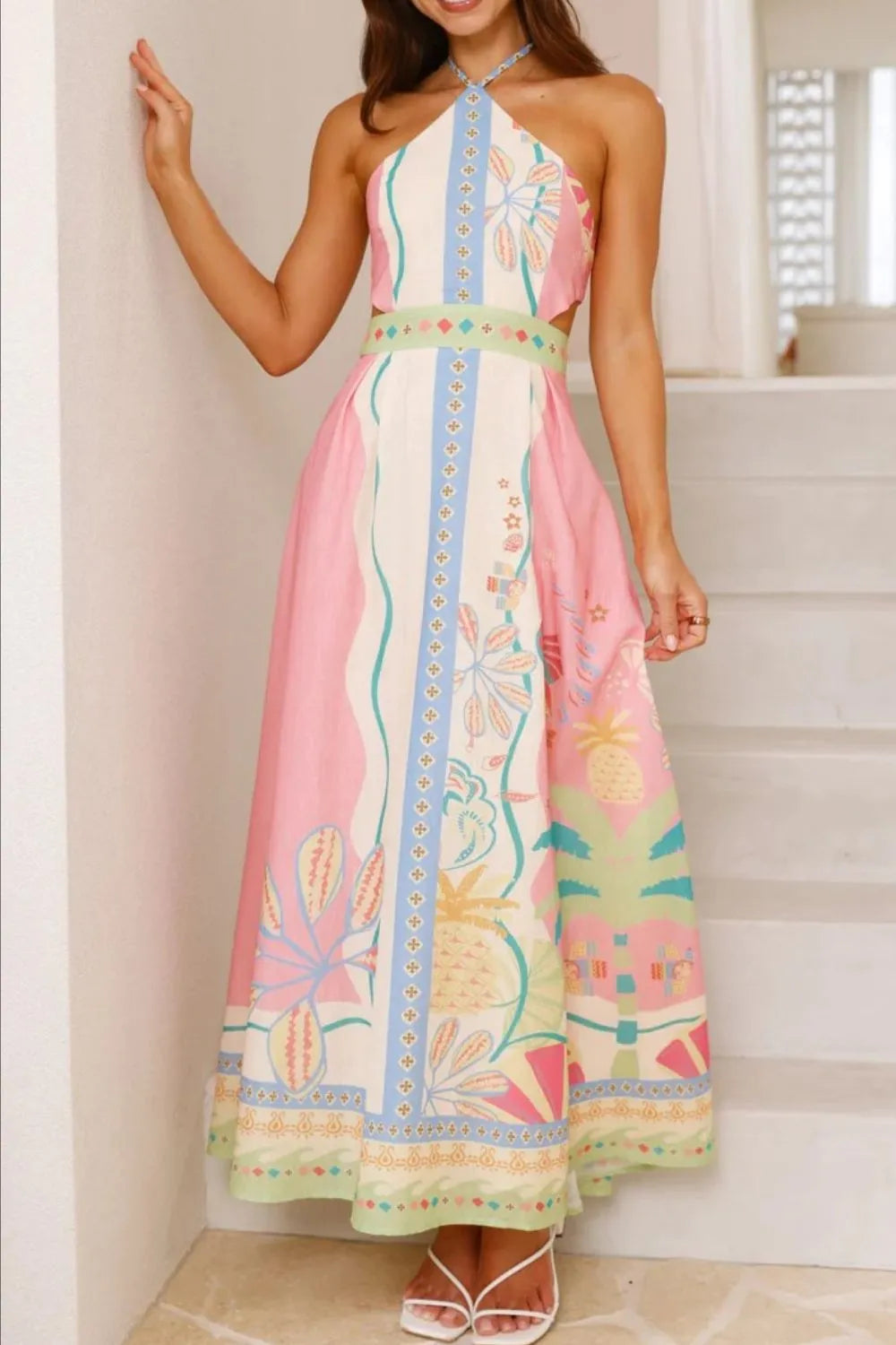 Tropical Print Halter Neck Side Cut Out A-Line Maxi Dress 2