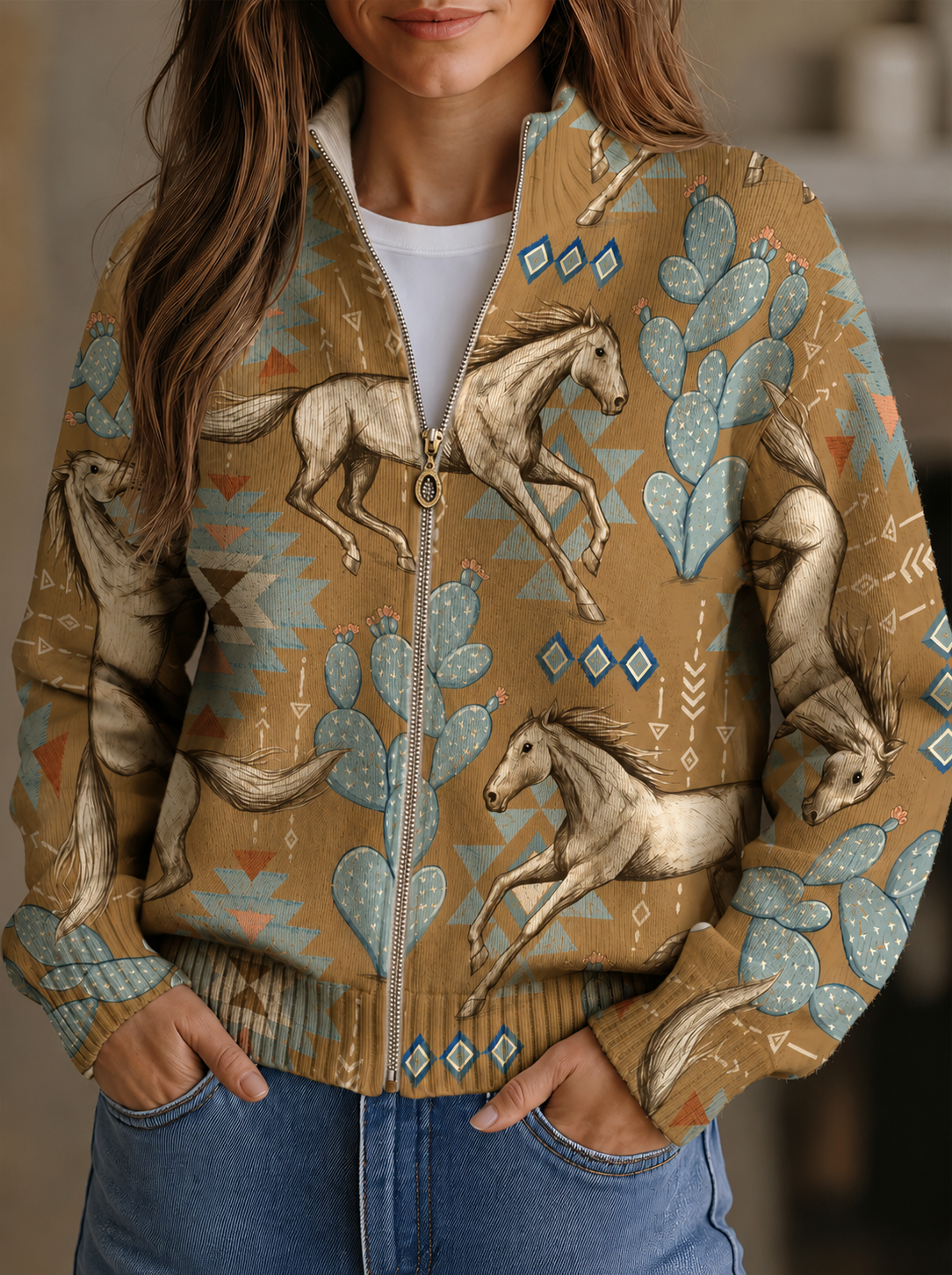 Horse and Cactus Print Zip Front Knit Cardigan