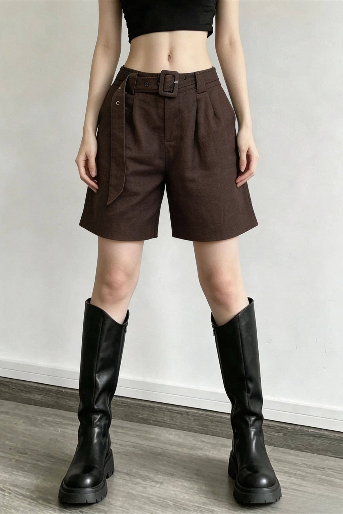 High Waist Belted Pleated Linen Look Bermuda Shorts 2