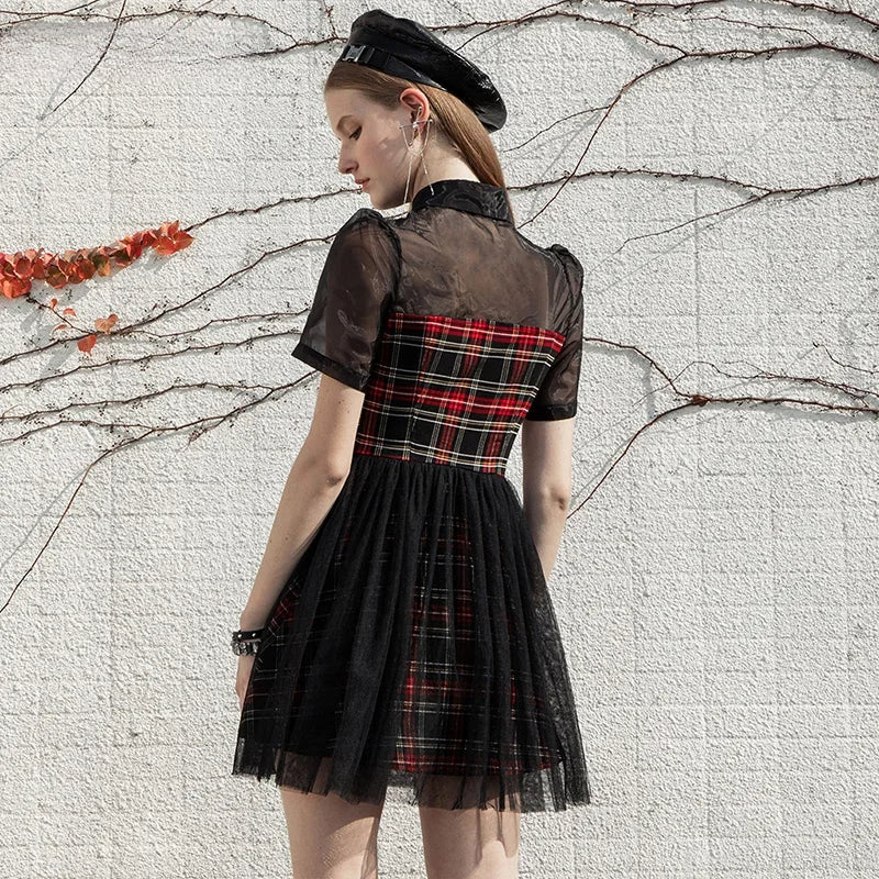 Gothic Lace Spliced Plaid Sexy A Line Short Sleeve Dress