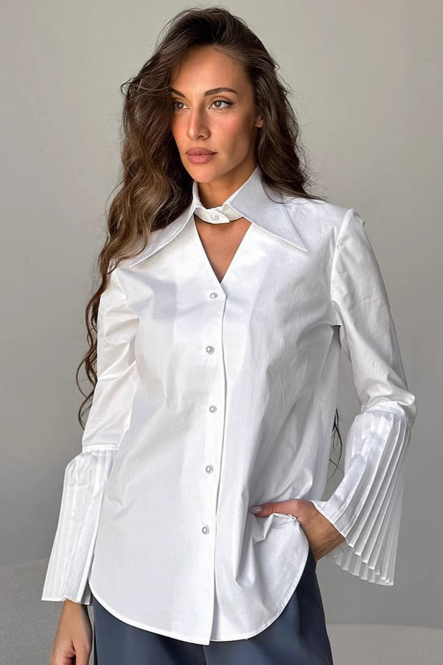 Point Collar Cut Out Neck Pleated Flare Cuff Button Front Shirt
