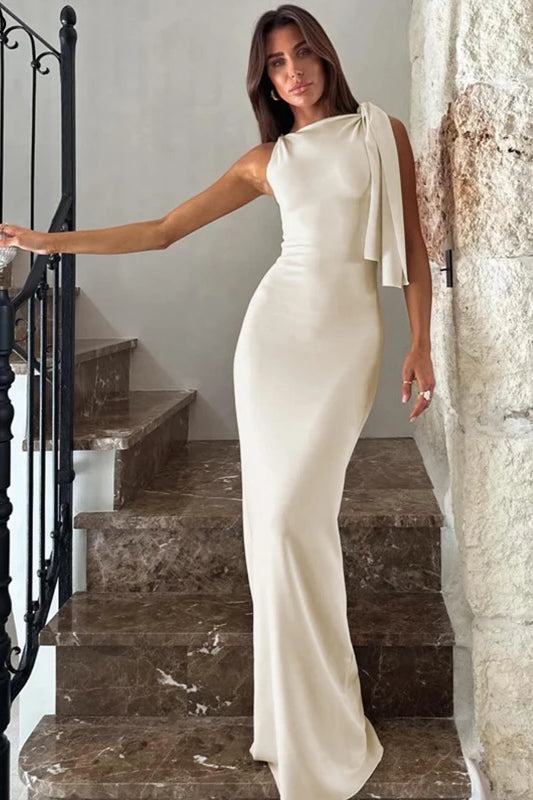 Elegant One Shoulder Asymmetric Tie Maxi Dress