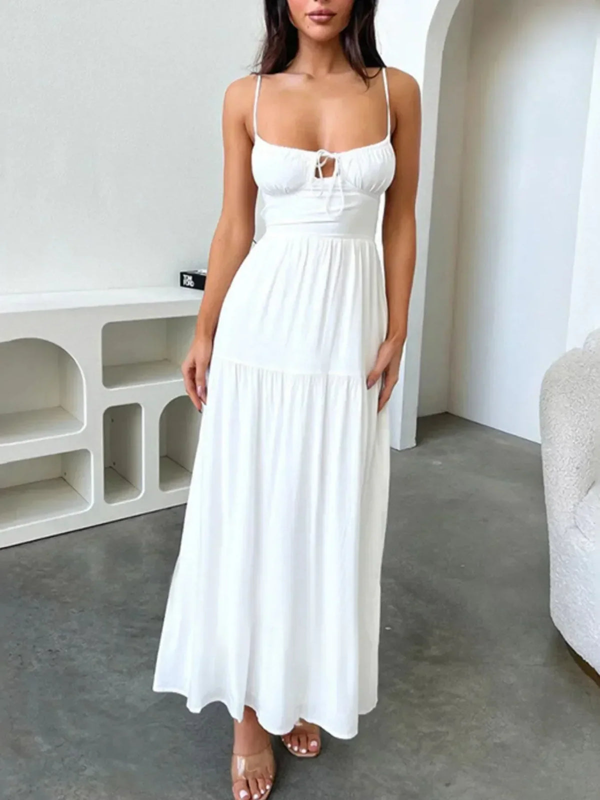 Tiered Lace Up Spaghetti Straps Maxi Dress