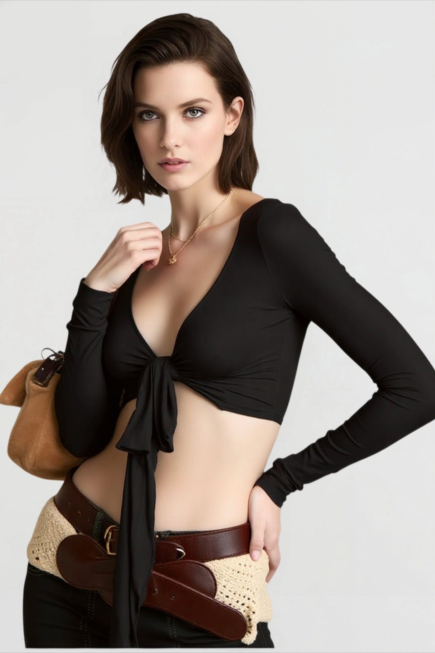 Wrap Tie V Neck Long Sleeve Cropped Crop Top