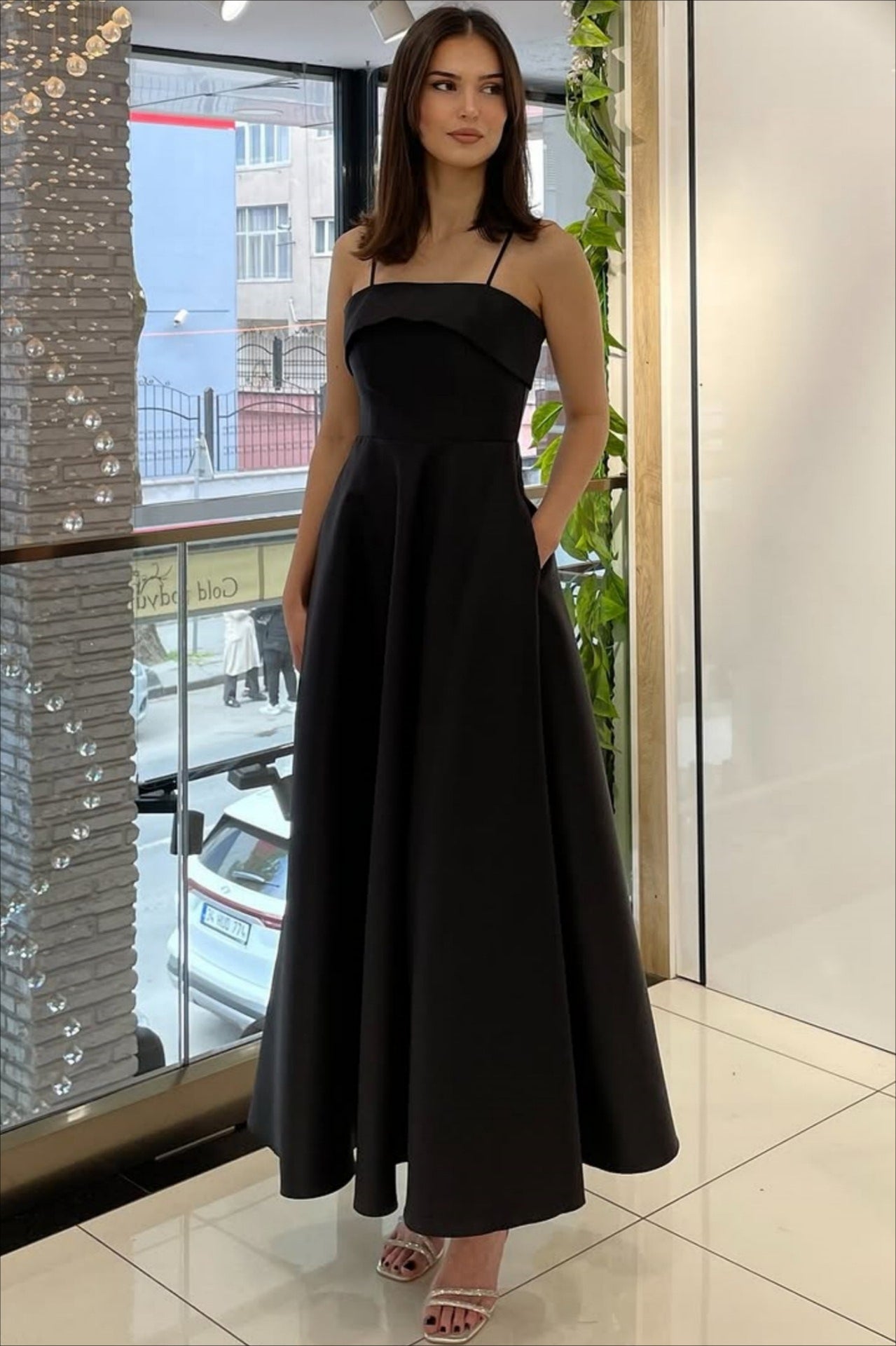 Spaghetti Strap Fit and Flare A-Line Midi Dress