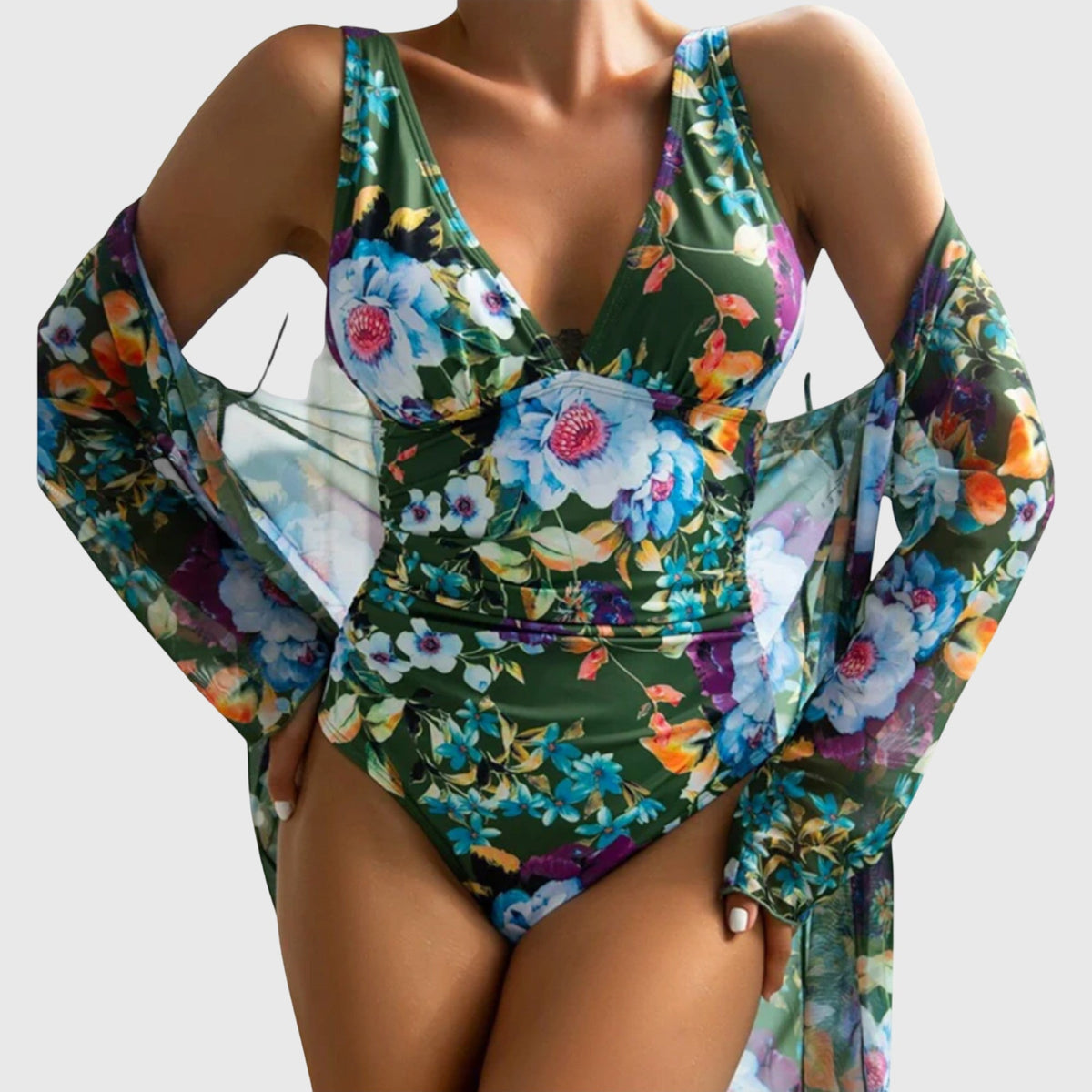 Floral Deep V-Neck One Piece Swimsuit and Cover Up Set