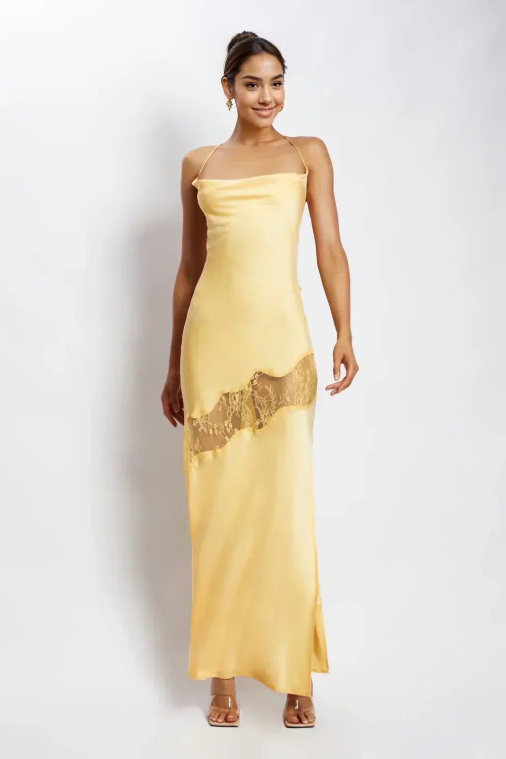 Satin Lace Insert Cowl Neck Spaghetti Strap Maxi Dress 5
