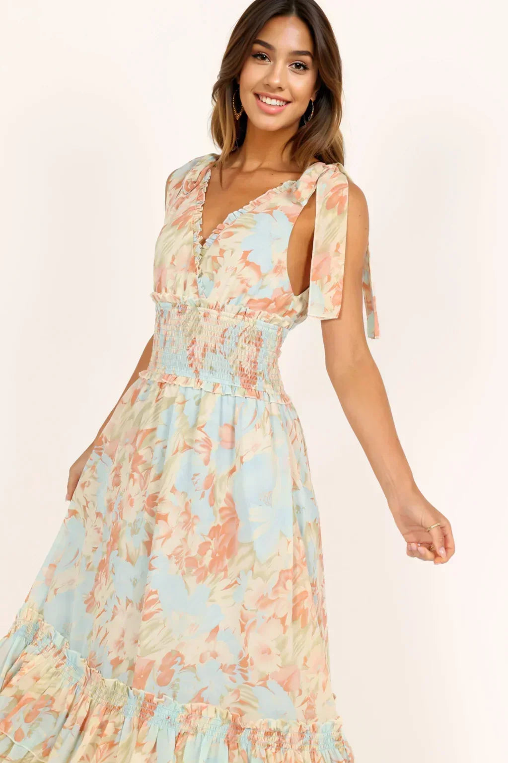 Floral Print Tie Shoulder Shirred Bodice Tiered Ruffle Maxi Dress 3