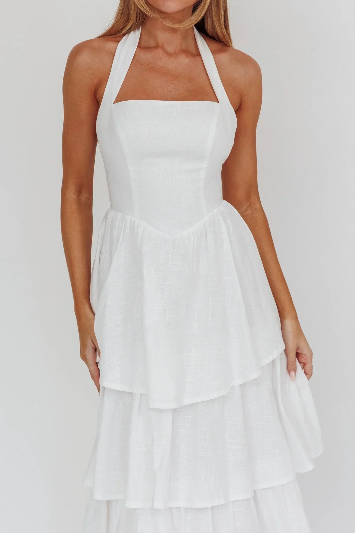 Halter Neck Square Neckline Basque Waist Tiered Ruffle Maxi Dress 3