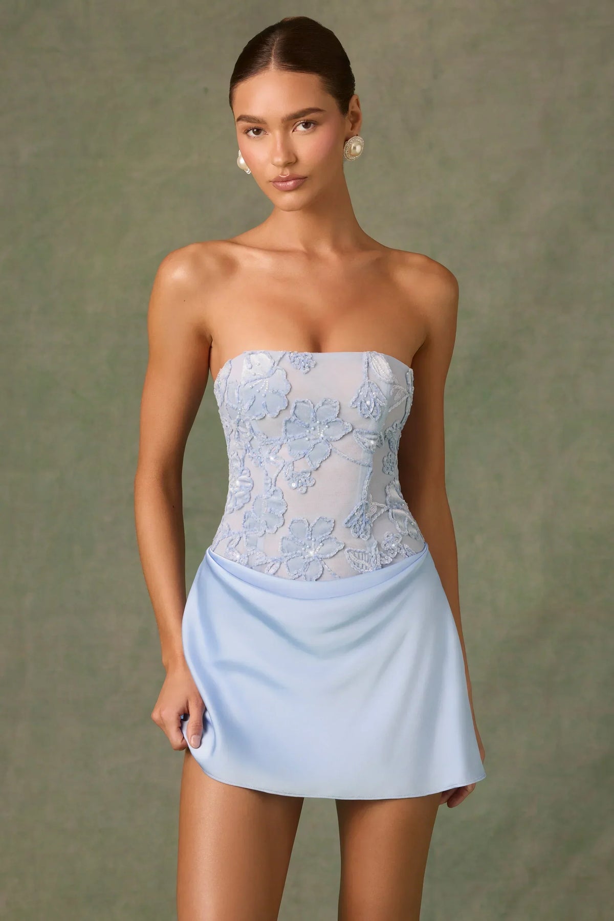 Embellished Draped Strapless A-Line Mini Dress in Sky Blue