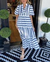 Striped V-Neck Puff Sleeve Tiered Midi Dress 3