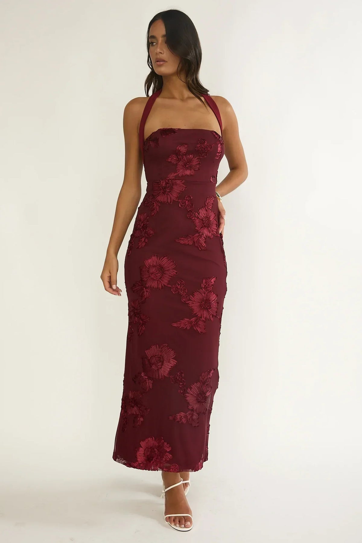 Serenya Halterneck Embellished Maxi Dress Wine