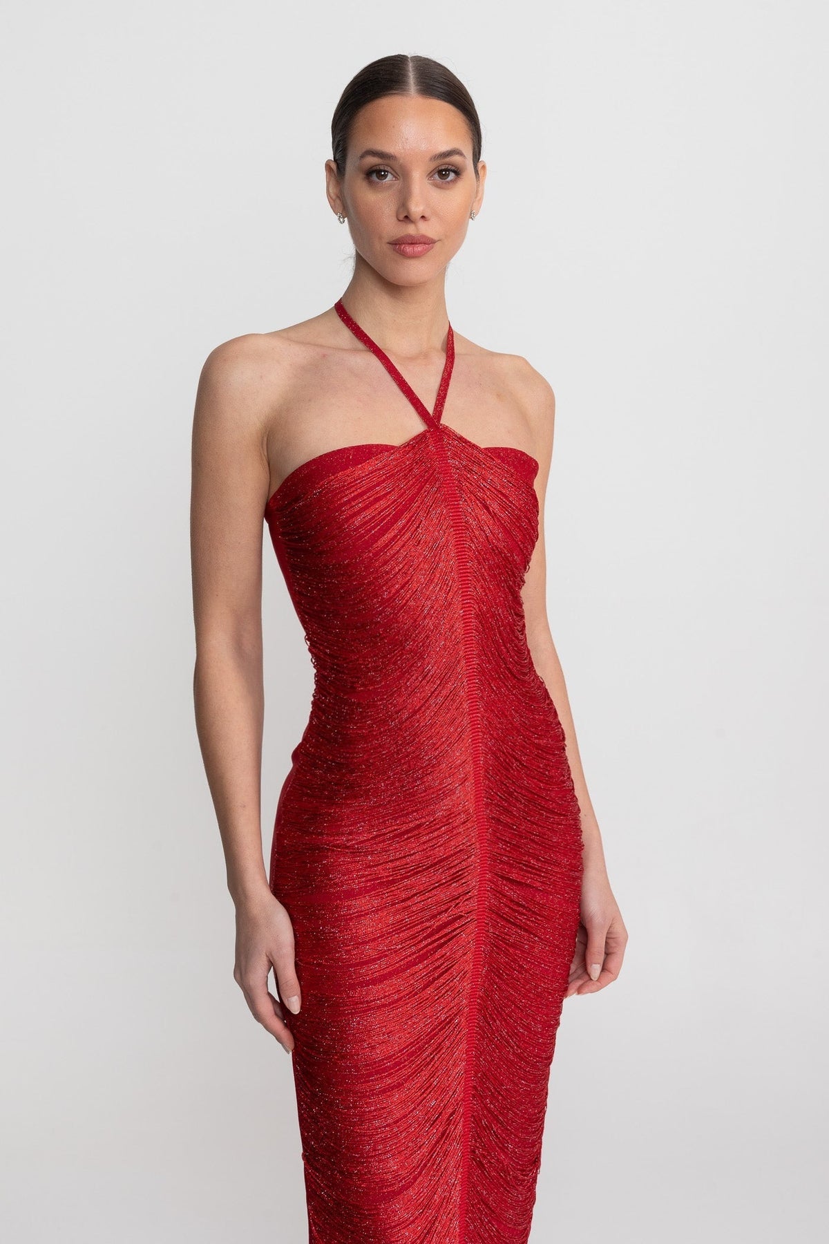 Halter Neck Draped Fringe Strand Bodycon Midi Dress 4