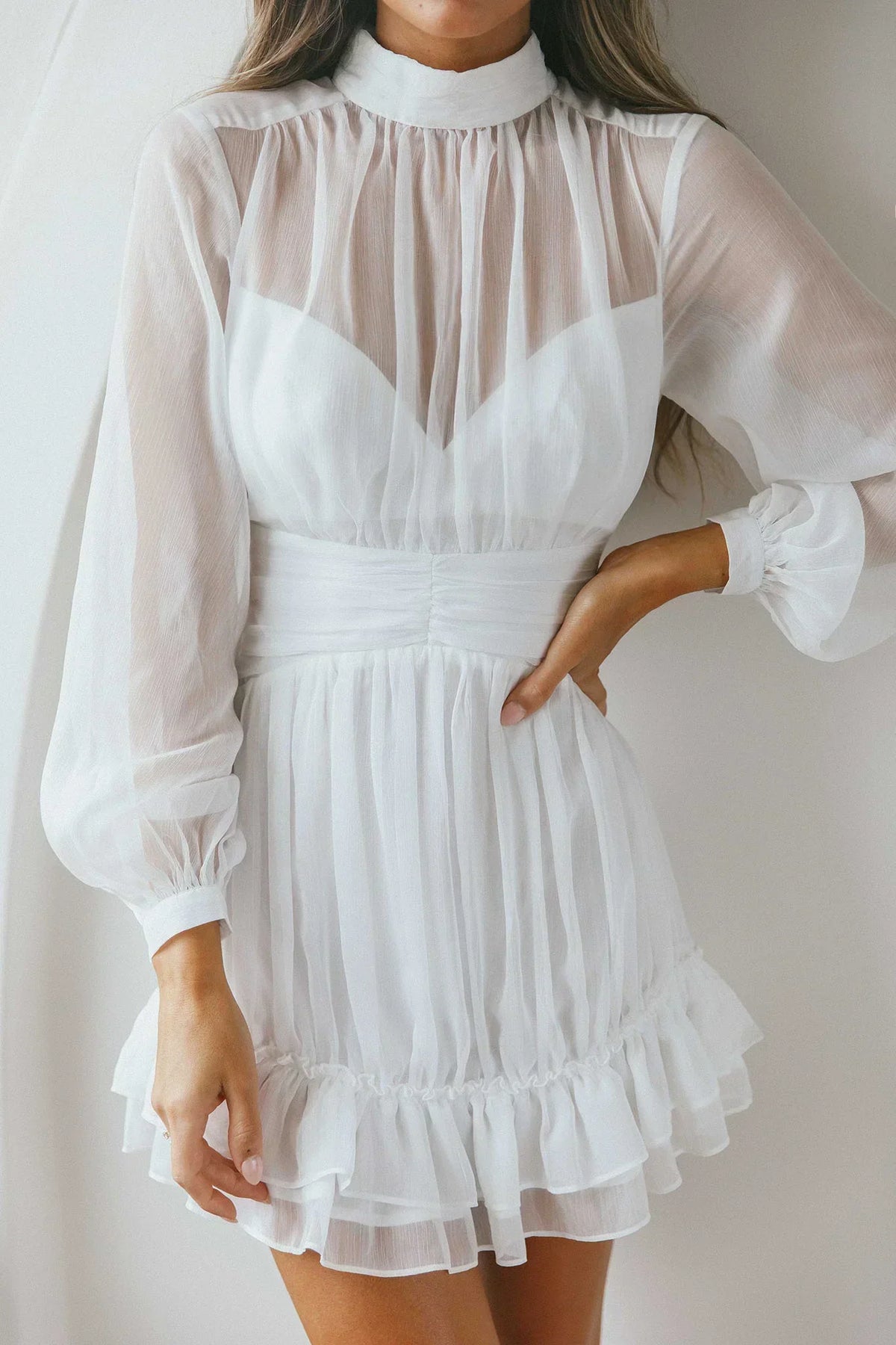 Sheer Chiffon High Neck Long Sleeve Ruffle Hem Mini Dress 4