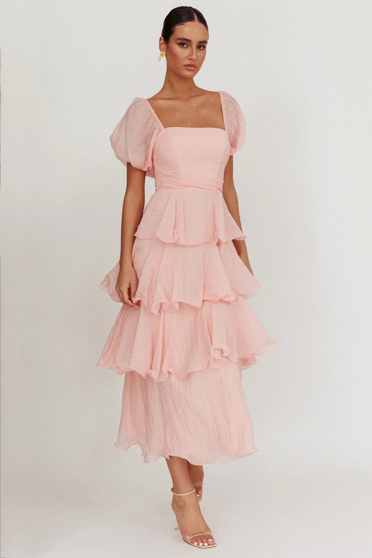 Square Neck Puff Sleeve Tiered Ruffle Midi Dress 5