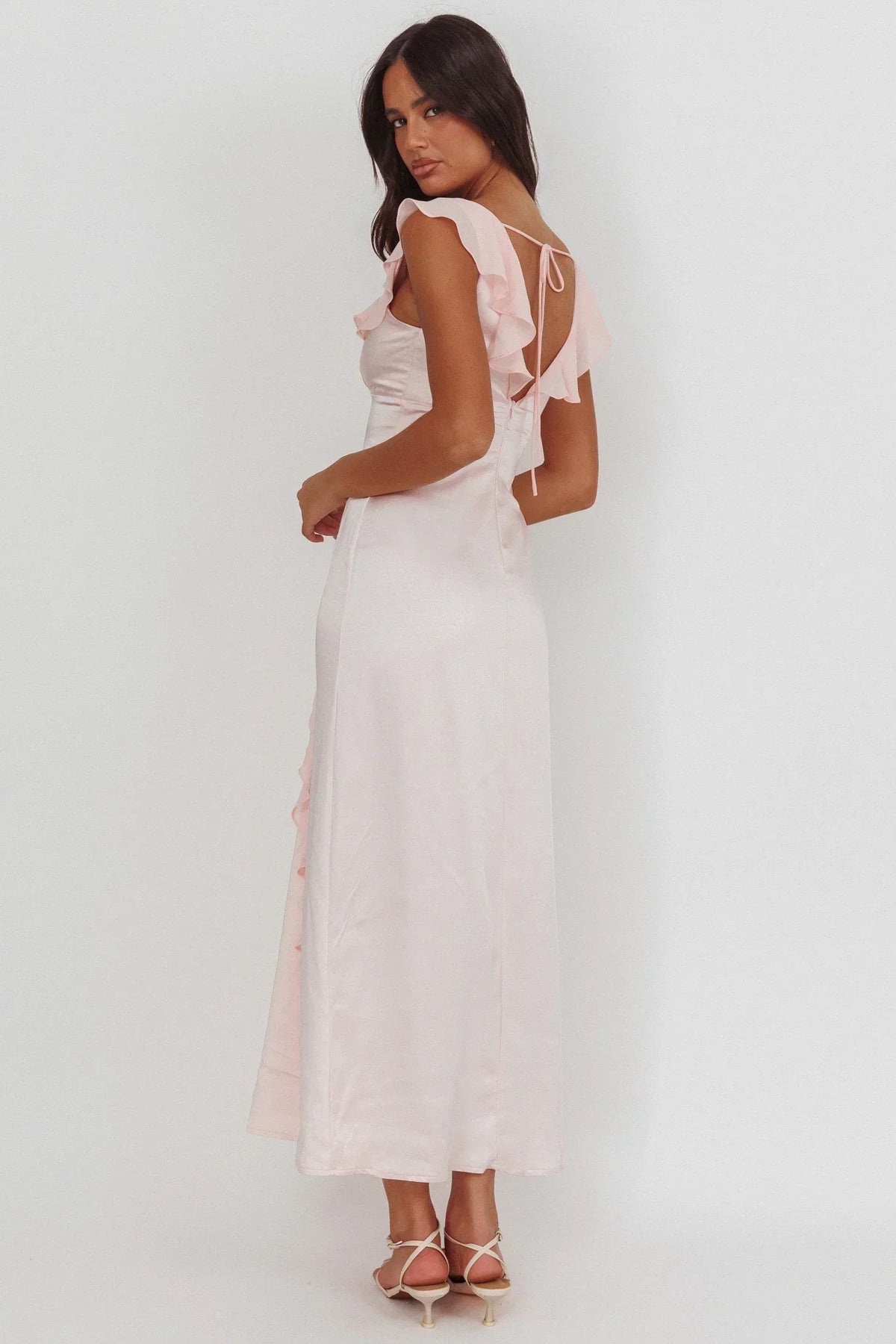Satin V-Neck Ruffle Sleeve Ruffle Panel Maxi Dress 2
