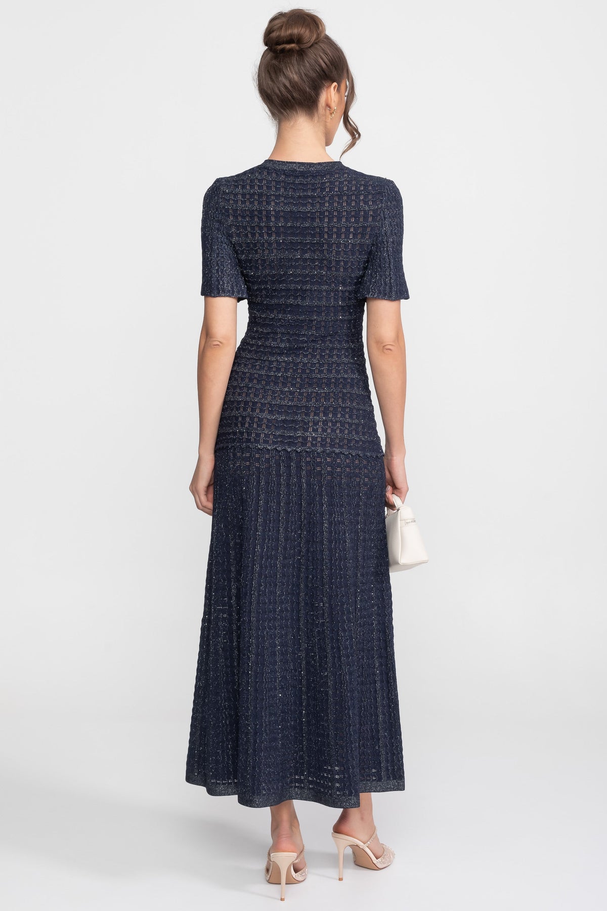 Shimmer Knit Short Sleeve Button Front Keyhole Neck Midi Dress 5