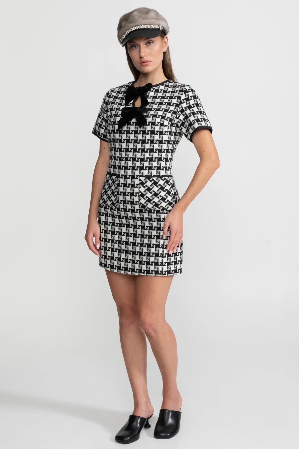 Houndstooth Tweed Short Sleeve Velvet Bow Keyhole Mini Dress 2
