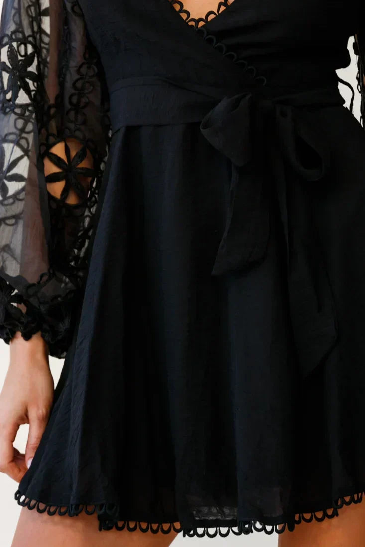 Embroidered Chiffon Balloon Sleeve Deep V-Neck Tie Waist Mini Dress 7