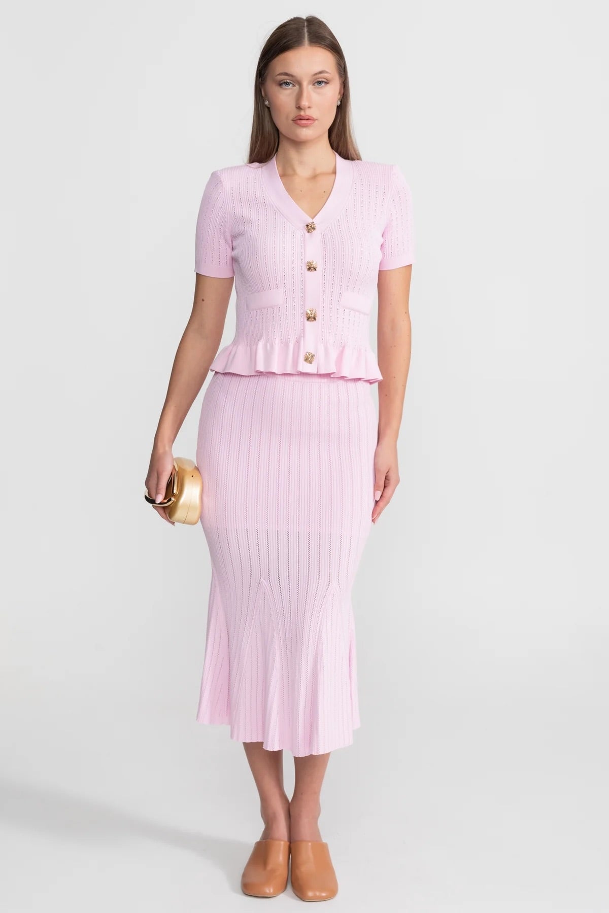 Pointelle Knit Button Front Peplum Top and Mermaid Midi Skirt Two Piece Set