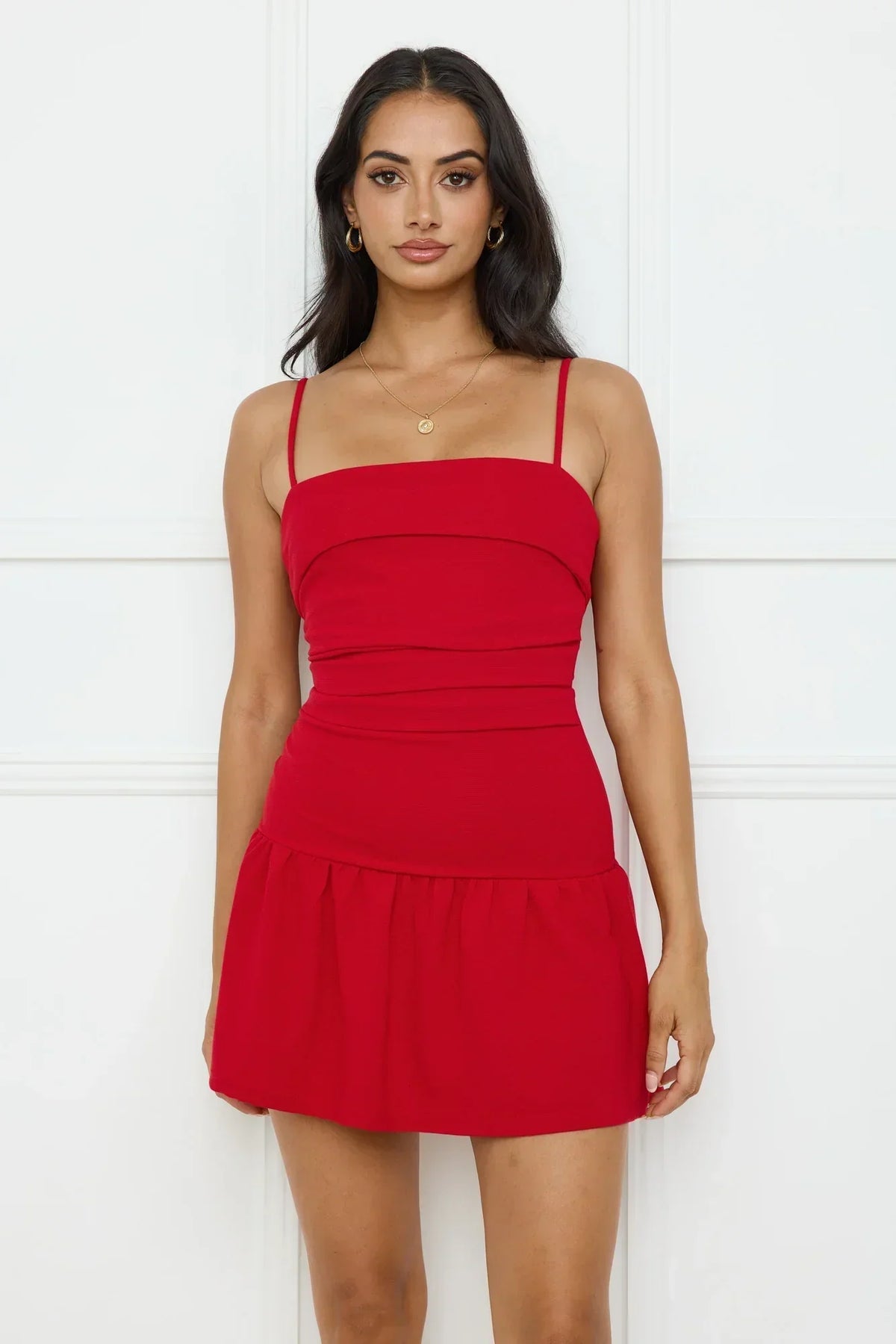 Straight Neck Cami Strap Ruched Drop Waist Ruffle Hem Mini Dress 14