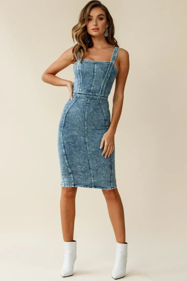 Acid Wash Denim-Look Square Neck Seamed Bodycon Midi Dress 2