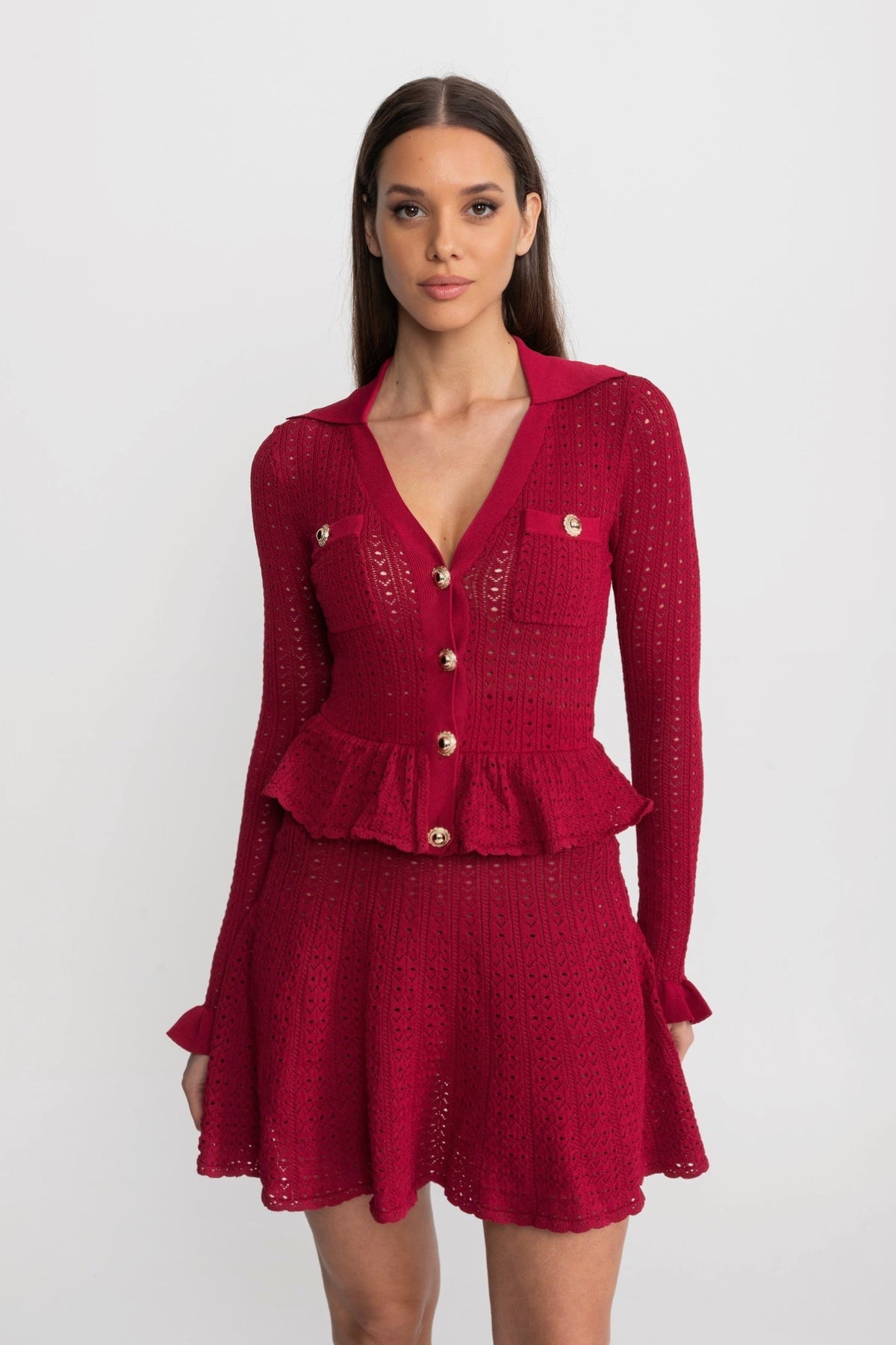 Pointelle Knit V-Neck Collared Long Sleeve Peplum Waist Flared Mini Dress 2