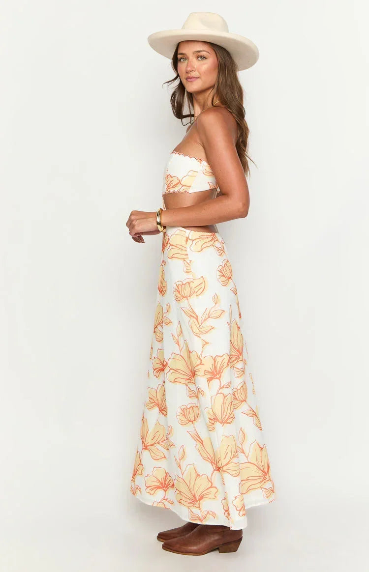Floral Print Strapless Scalloped Trim Cut Out Waist Maxi Dress 4