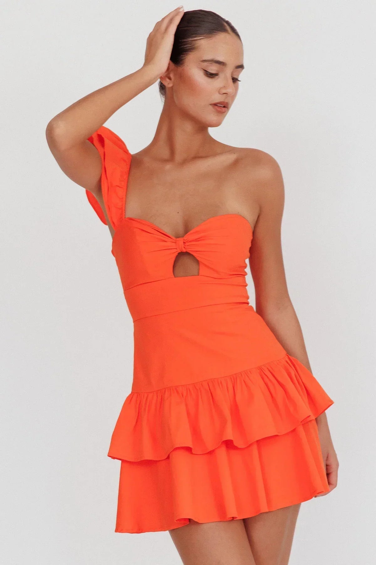 Ruffle One Shoulder Twist Keyhole Tiered Hem Mini Dress
