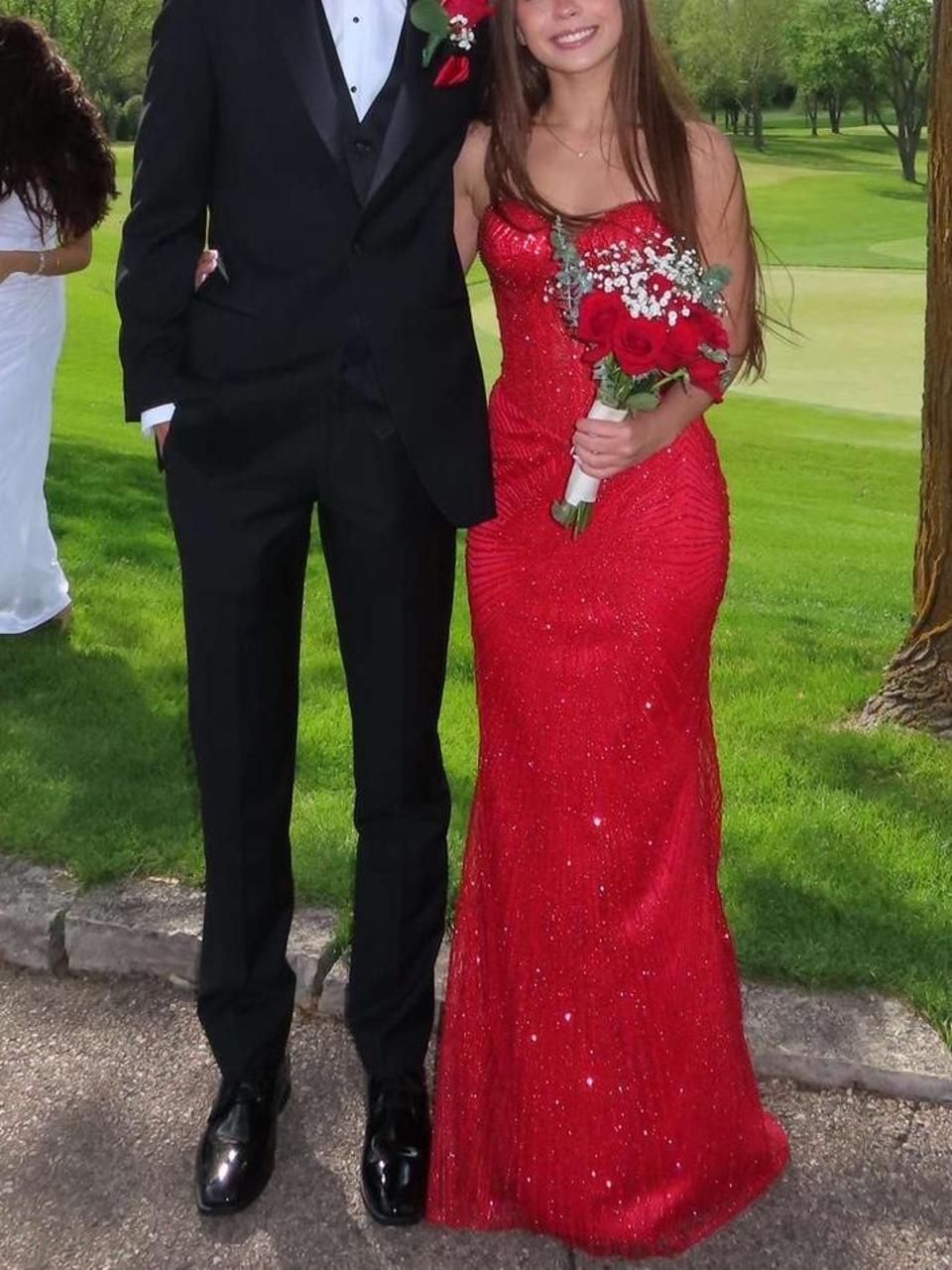 Shiny Strapless Red Satin Beaded Mermaid Evening Gown Formal Birthday Party Dress D1013