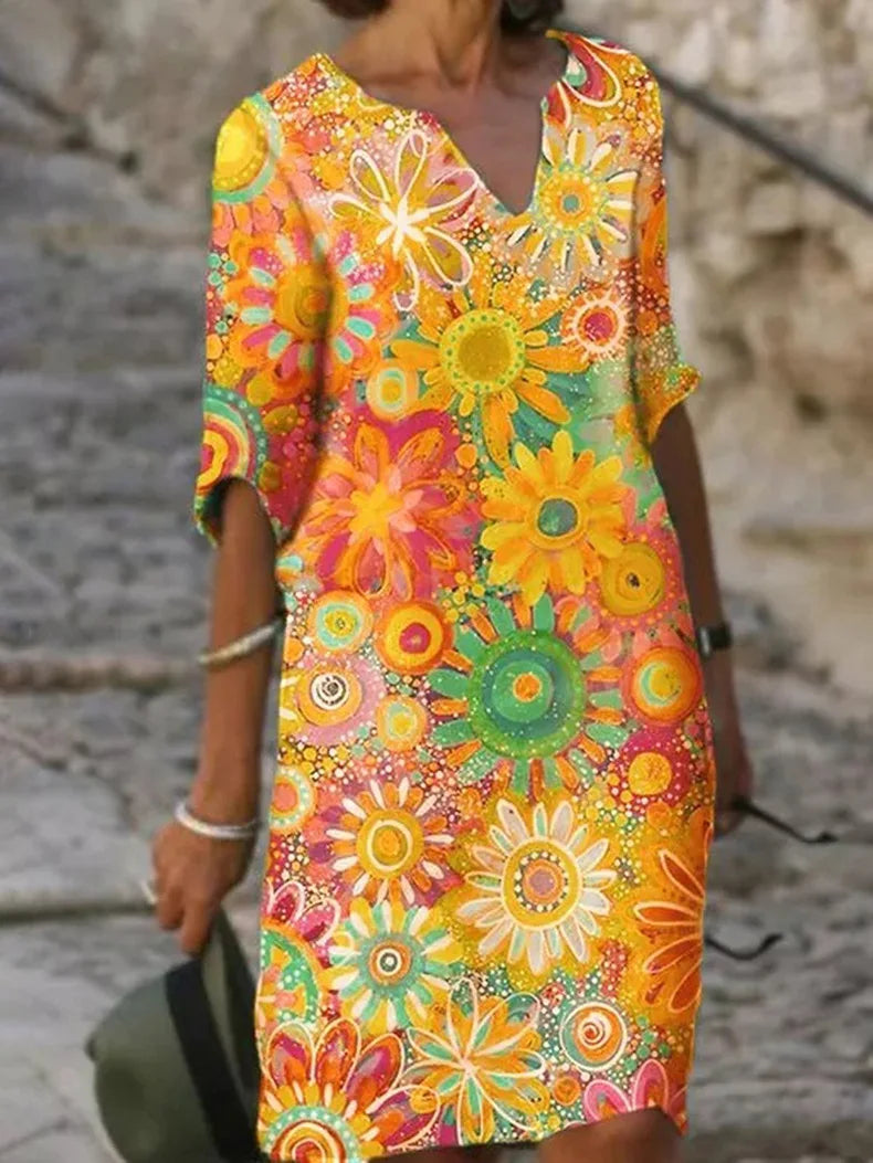Floral V-Neck Short Sleeve Shift Midi Dress Summer