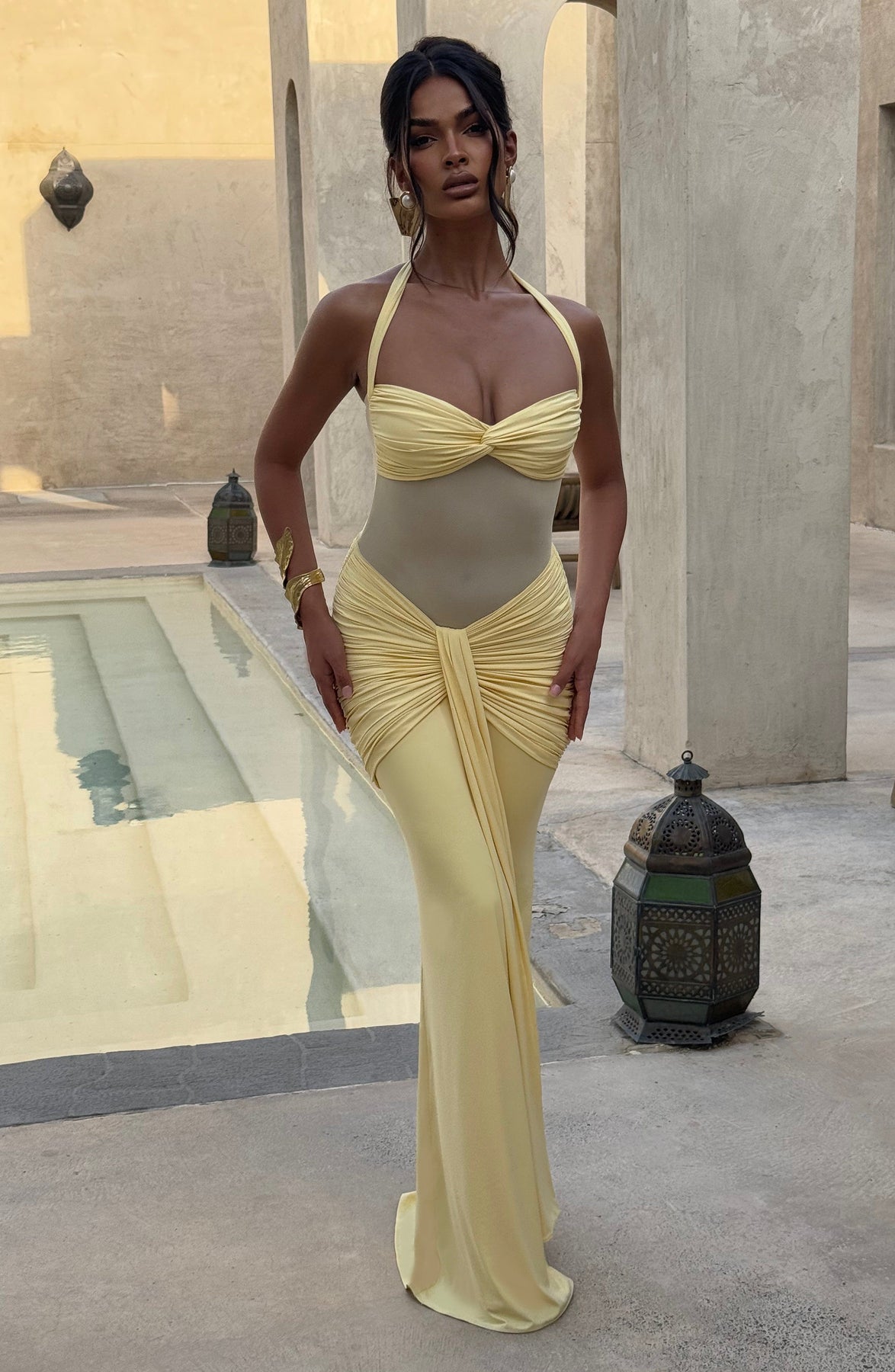 Halter Neck Twist Bust Sheer Mesh Ruched Drape Maxi Gown 10