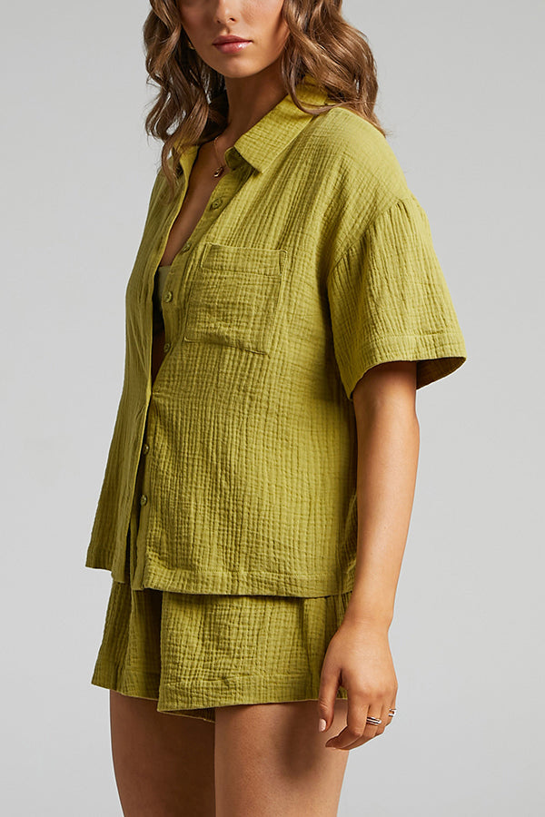 Button Half Sleeve Blouse Short Set