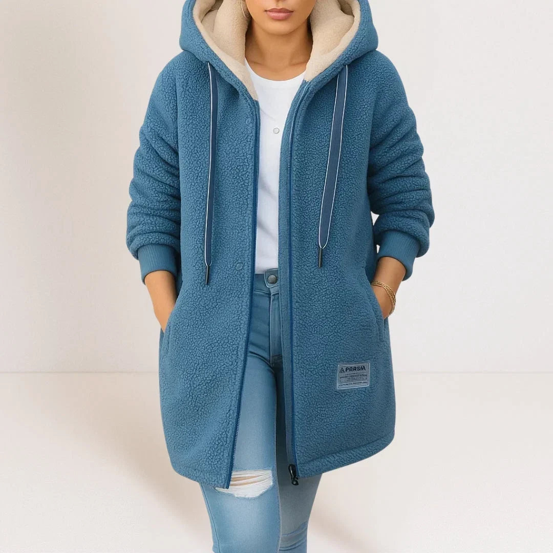 Hooded Zip Front Sherpa Fleece Longline Jacket