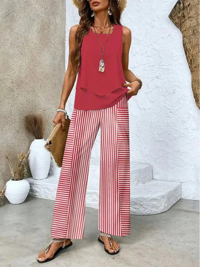 Sleeveless Layered Top and Floral Wide Leg Pants Two Piece Set