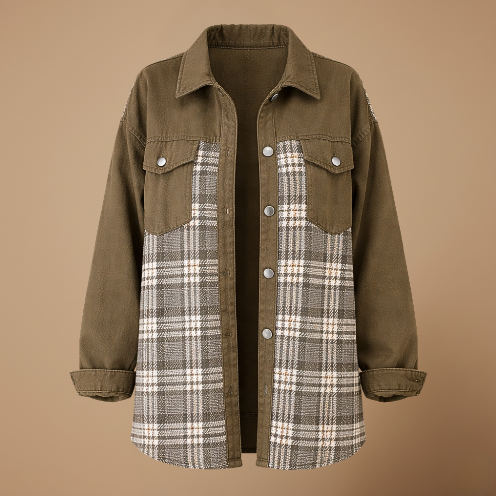 Denim Jacket with Plaid Patchwork and Button Closure