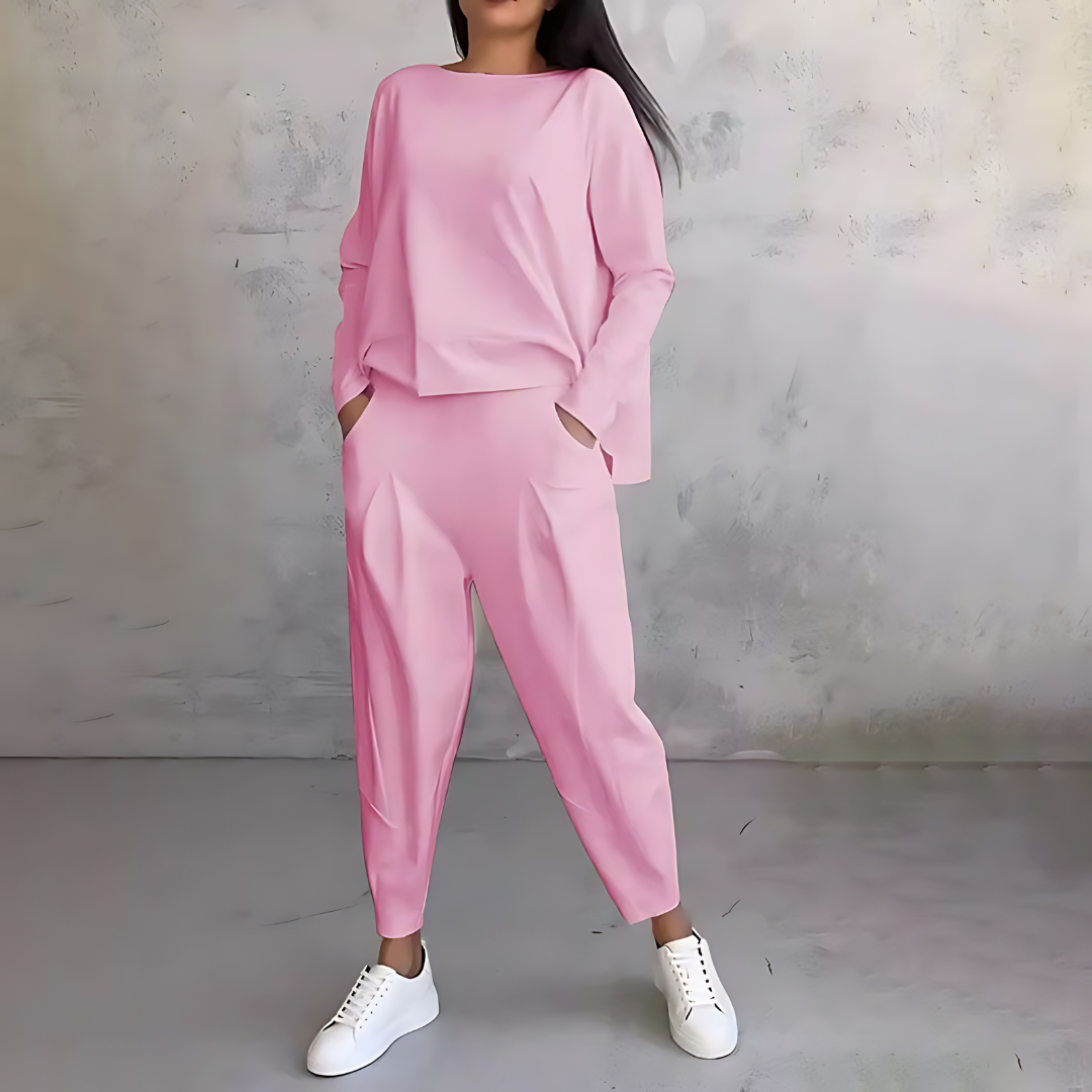 Boat Neck Long Sleeve Top and Tapered Pants Two Piece Set