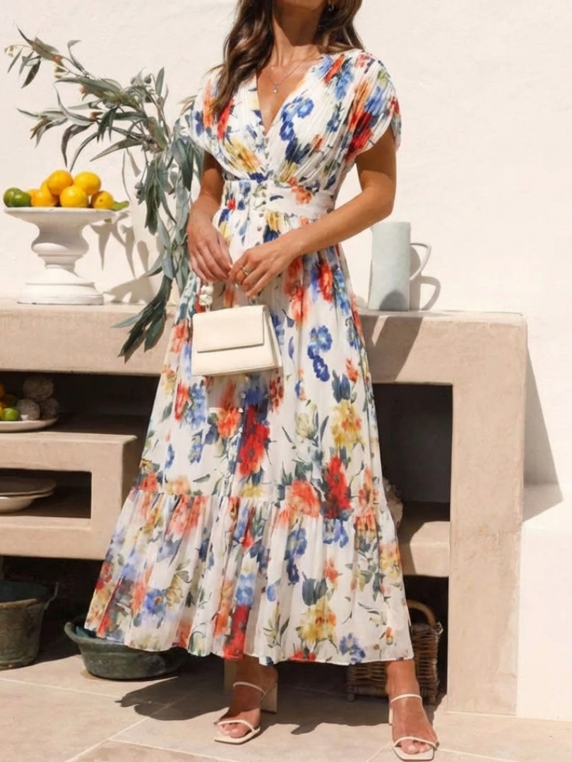 Watercolor Floral V-Neck Pleated Maxi Dress