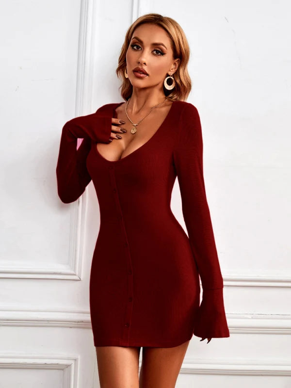 Ribbed Knit Scoop Neck Button Front Bell Sleeve Bodycon Mini Dress 5
