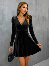 V-Neck Long Sleeve Velvet Dress L / Army Green