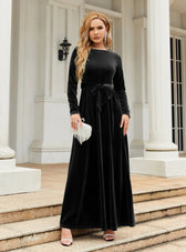 Velvet Long Sleeve Dress - Solid Color S / Brown