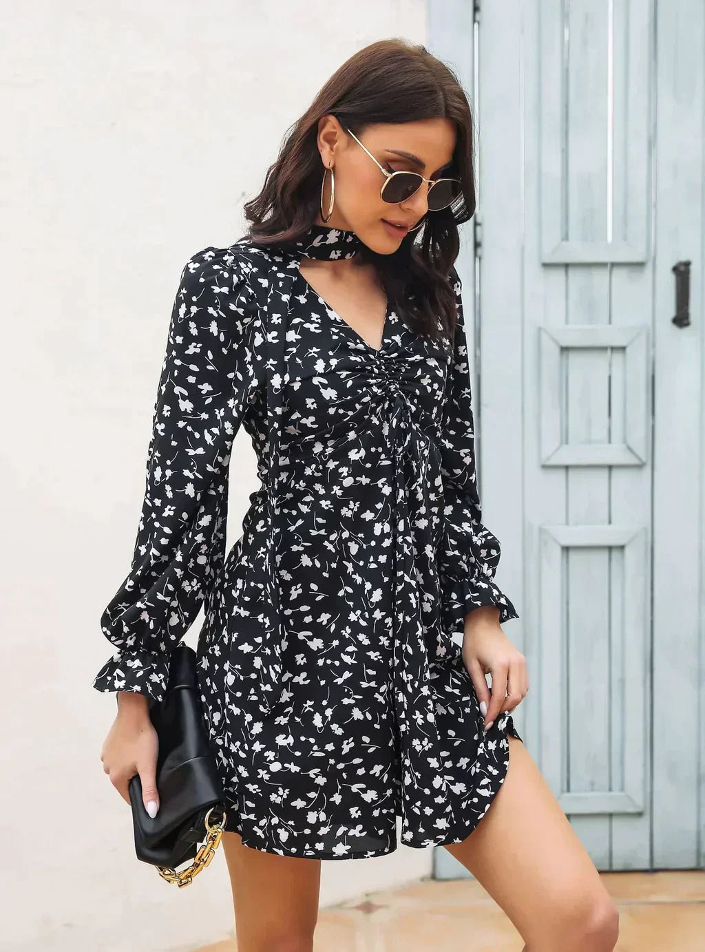 Floral Print V-Neck Choker Ruched Drawstring Flounce Sleeve Mini Dress 6