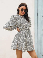Wood Ear Collar Long Sleeve Printed Dress With Ruffled Detail S / White Dresses