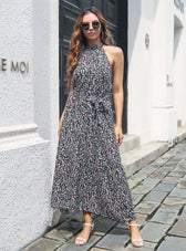 Halter With Gown Design Long Belt Leopard Neck L / Yellow Dresses