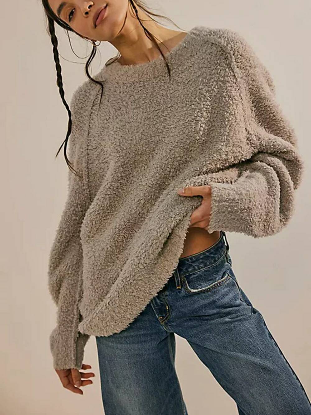 Oversized Teddy Knit Sweater and Lace Hem Mini Dress Two Piece Set 17