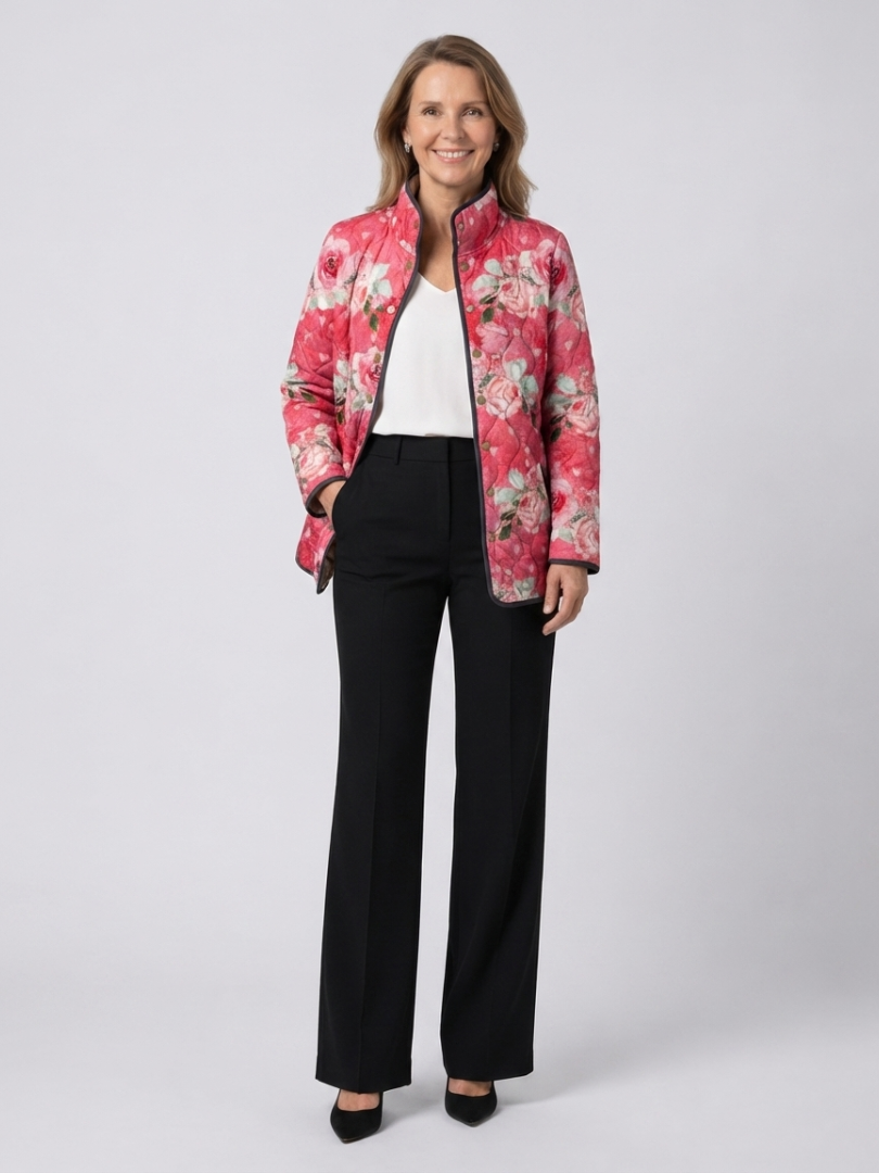 Rose Floral Print Stand Collar Quilted Jacket