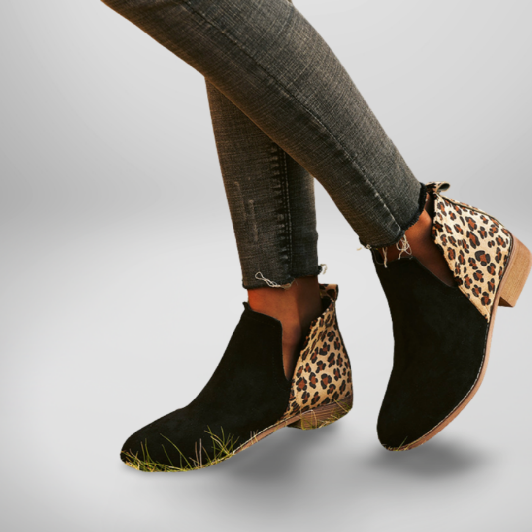Leopard Print Panel Block Heel Ankle Boots 6