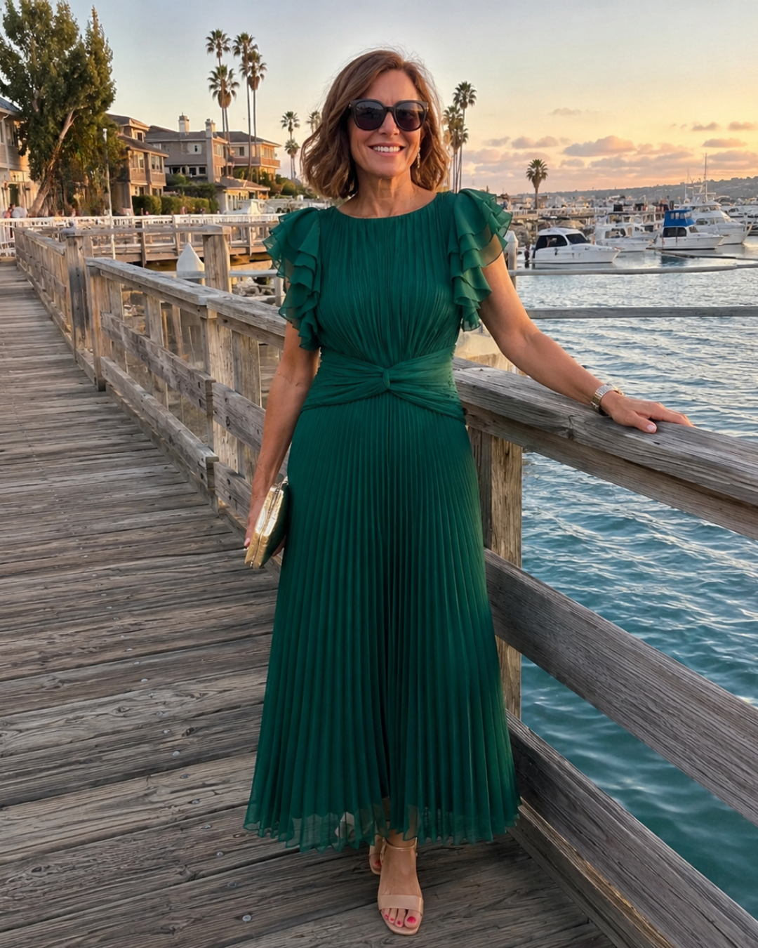 Flutter Sleeve Twist Front Pleated Maxi Dress